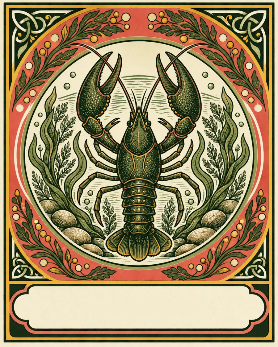 Illustrazione di un gambero di fiume tra le alghe