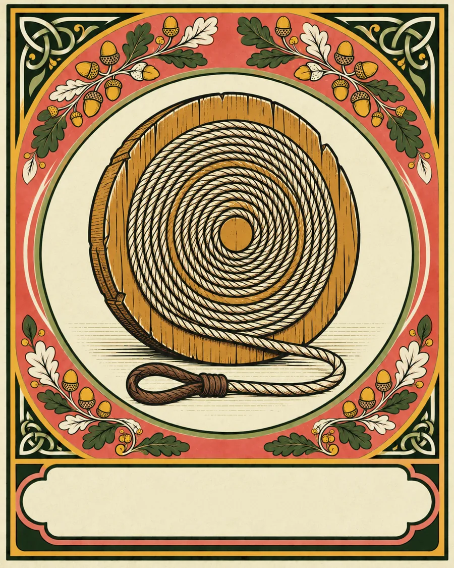 Illustrazione di una ruzzola di legno con la sua corda