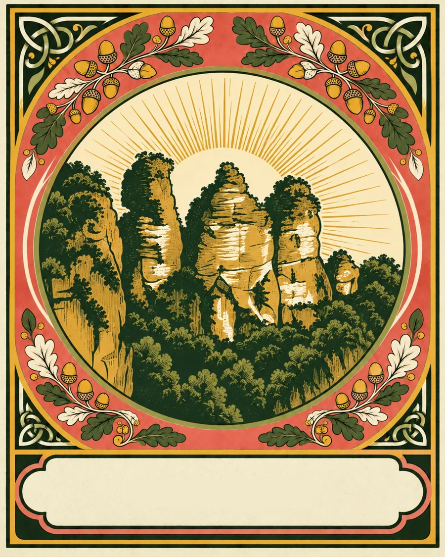 Illustrazione di guglie di roccia al sorgere del sole